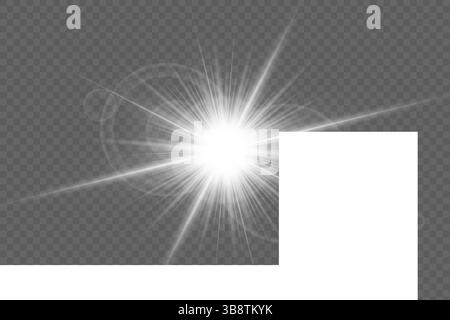 Abstract bright light burst with glow, radial rays and sparkle. Shiny sunbeam effect on transparent background. Dynamic glare with bokeh, rainbow and lens flare. Vector illustration. Stock Vector