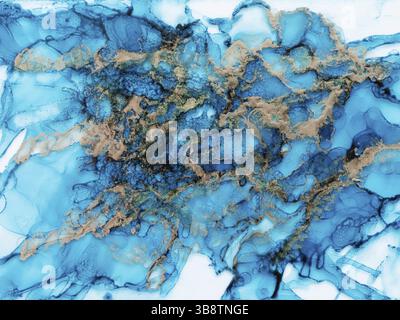 Alcohol ink fluid art. Waves in blue colors with liquid golden inclusion. Abstract marble background or texture Stock Photo