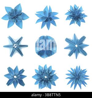 Nine blue origami units snowflake set isolated on white background Stock Photo