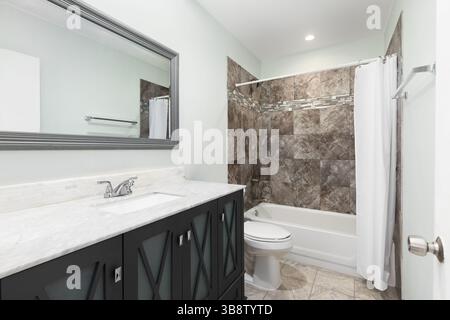 A bathroom with a grey cabinet with frosted glass doors, white marble countertop, tiled backsplash, and a brown tiled shower. Stock Photo