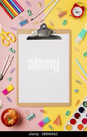 Online study drawing, distantly painting class. Online education, back to school, student concept. Empty clipboard and school supplies, stationery acc Stock Photo
