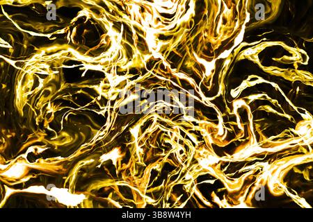 Abstract golden ink swirling in liquid. Vivid yellow lines with glowing texture. Artistic fluid background with chaotic pattern. Creative visual art. Stock Photo