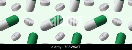 Medication seamless pattern. Green and white pills and capsules background. Medical background in green and white colors. Stock Vector