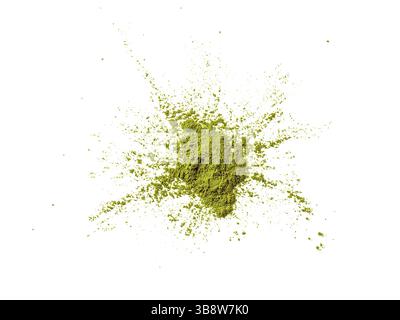 Green matcha tea powder on white background. Powdered maccha tea explosion, isolated on white with clipping path. Top view or flat lay. Copy space for Stock Photo