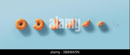 Seven stages of donut biting or eating down to crumb. Eaten donut with orange glaze and white sprinkles on blue background. Top view or flat lay. Hori Stock Photo