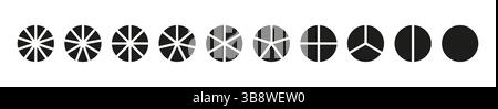 Set of pie, pizza charts. Circle division on from 1 to 10 equal parts. Segmented black charts. Many number of sectors divide the circle. Segments Stock Vector