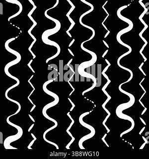 Black white wiggle paintbrush strokes vertical stripes. Vector pattern background. Nautical theme. Striped tribal look waves, wobbly lines. Irregular Stock Vector