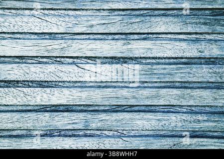Blue painted wooden planks with old rustic texture. Vintage timber background with cracked surface detail. Retro natural wood wall closeup design. Stock Photo