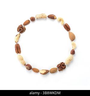 Pattern of nuts in circle form. Various nuts isolated on white. pecan, macadamia, brazil nut, walnut, almonds, hazelnuts, pistachios, cashews, peanuts Stock Photo