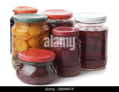 Various jams and compotes isolated on white Stock Photo