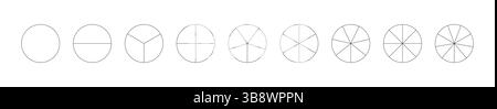 Circle division on from 1 to 9 equal parts. Round divided diagrams with from one to nine segments. Set of infographic icon. Coaching blank. Pizza, pie Stock Vector