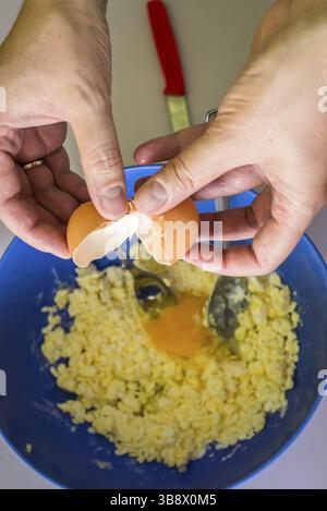 Hand pours out raw egg of the shell in shortbread dough Stock Photo