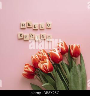 Hello spring concept. Aesthetic background for beginning of spring. Hello spring text and bunch of red tulip on pink background. Top view or flat lay Stock Photo