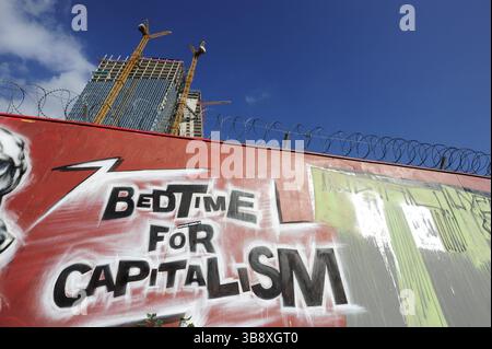 Graffiti in front of the new ECB building, European Central Bank on the site of the former wholesale market hall, Frankfurt am Main, Hesse, Germany, E Stock Photo