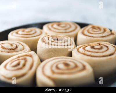 Raw dough preparation swedish cinnamon buns Kanelbullar with pumpkin spice ready to bake. Idea and recipe pastries - perfect cinnamon rolls in skillet Stock Photo