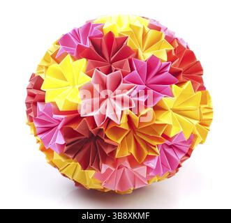 Colorfull origami kusudama from rainbow flowers isolated on white Stock Photo