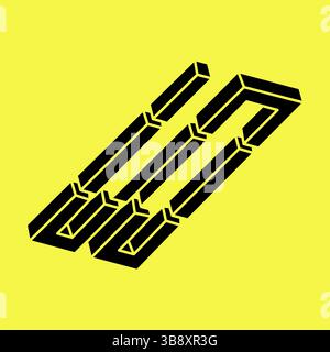 Optical illusion. Impossible shapes. Linear infinite object. Abstract eternal geometric figures. Impossible geometry sign outline, yellow background Stock Vector
