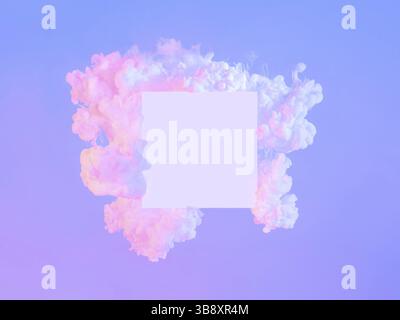 Creative abstract neon background with copy space. Empty white square and clouds made from white paint in blue or violet and pink light. Fluid creativ Stock Photo