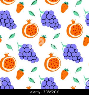 Vibrant fruit pattern featuring grapes, pomegranates, and strawberries on a white background Stock Vector