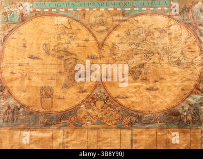 Genoa, Italy - 28 December 2023: ancient cartography located in Spinola Palace. Authentic old map showing the world known to Europeans in the mid 17-t Stock Photo