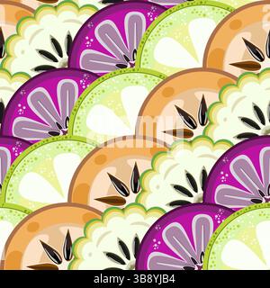 Jamaican tropical fruit slices of Bilimbi, star apple, sapodilla, and sweetsop seamless pattern vector illustration Stock Vector