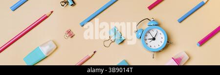 Online study, distantly learning class. Long horizontal banner with diagonal pattern from school supplies and stationery accessories. Back to school, Stock Photo