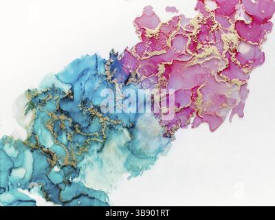 Alcohol ink fluid art. Waves in blue and pink colors with liquid golden inclusion. Abstract gradient background or texture Stock Photo