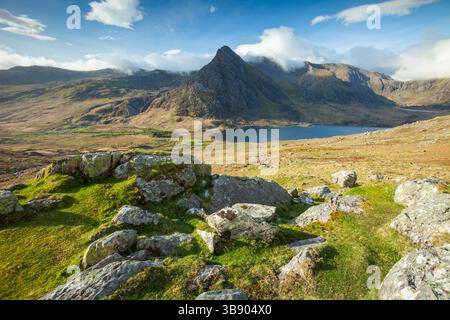 Tryfan dominates Ogwen Valley in Snowdonia National Park, Wales. Stock Photo