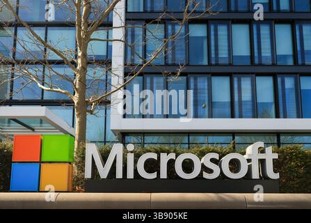 MUNICH, GERMANY - APRIL 10, 2023: Microsoft logo at the company office building located in Munich, Germany Stock Photo
