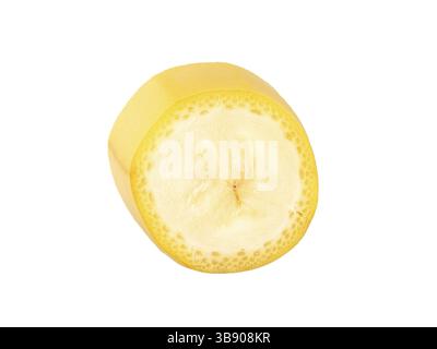 One banana slice, unpeeled. Isolated on white background with clipping path. Extreme close up, studio shoot Stock Photo
