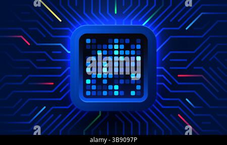 Brightly glowing AI chip on circuit board. Technology background. CPU processor on tech bg. Computer microchip on motherboard. Vector illustration Stock Vector