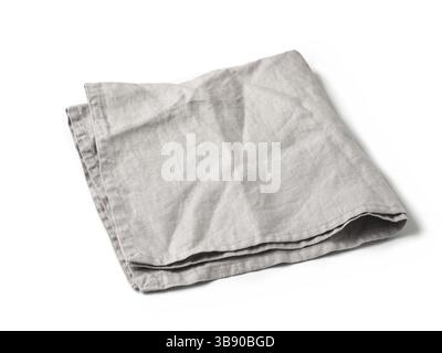 Side view on folded gray linen napkin isolated on white background. light gray linen napkin. Isolated on white with clipping path Stock Photo