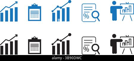 Financial report and analytics icons set with charts and data symbols Stock Vector