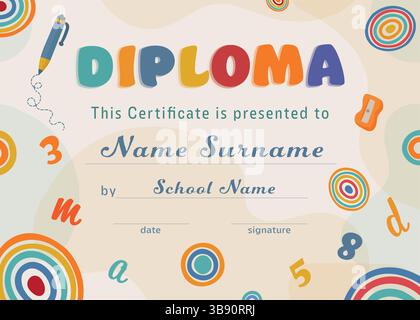 Kindergarten diploma certificate template with school supplies numbers and letters Stock Vector