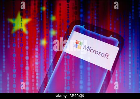July 12, 2023, Asuncion, Paraguay: Microsoft logo is displayed on a smartphone backdropped by binary code digits and cropped flag of China. ''Microsoft has mitigated an attack by a China-based threat actor Microsoft tracks as Storm-0558 which targeted customer emails. Storm-0558 primarily targets government agencies in Western Europe and focuses on espionage, data theft, and credential access. Based on customer reported information on June 16, 2023, Microsoft began an investigation into anomalous mail activity. Over the next few weeks, our investigation revealed that beginning on May 15, 2023, Stock Photo