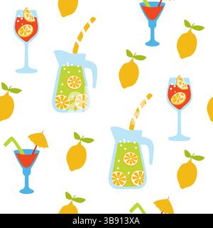 Seamless pattern with refreshing drinks. Homemade lemonade and fruit cocktails.  Stock Vector