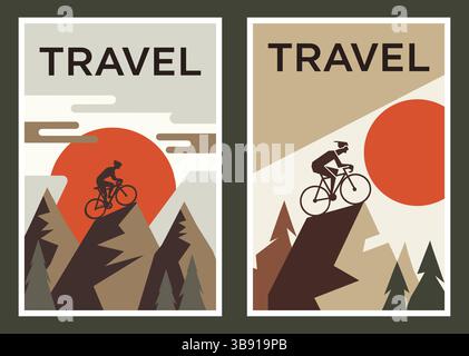 A pair of modern travel posters featuring cyclists on mountain peaks with dramatic sunsets, bold graphic shapes, and adventure themes. Stock Vector