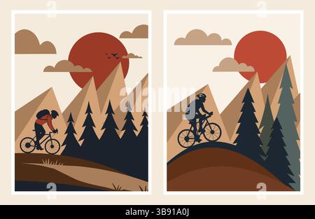 A pair of graphic posters featuring mountain bikers riding through scenic pine forests and mountains at sunset, in a bold, artistic style. Stock Vector