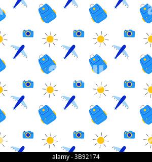 Blue travel seamless pattern with airplane, backpack and camera. Sunny day for trip to sea. Stock Vector