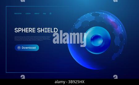 Sphere Shield Hexagon Protect 3D Background Technology Dome Ball Tech. Blue Abstract Glass Honeycomb Pattern with Energy Barrier, Cyber Field Vector Stock Vector
