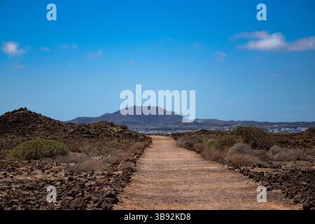 A symmetrical trail paved through dark lava rocks, pointing directly toward a distant volcanic peak under a vibrant blue sky. The composition reflects Stock Photo