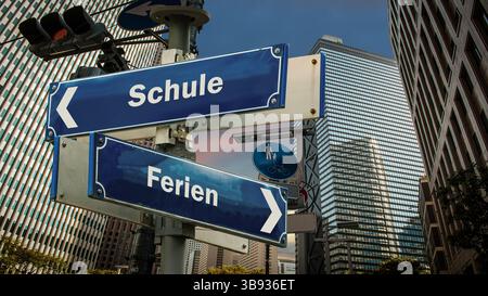 An image with a signpost pointing in two different directions in German. One direction points to holidays, the other points to school. Stock Photo