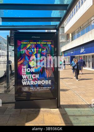 Princes Street Bus Shelter digital advertising promoting C.S Lewis's The Lion The Witch and the Wardrobe at the Festival Theatre, Edinburgh Scotland Stock Photo