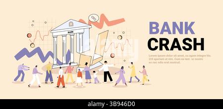 Bank crash financial crisis people fleeing collapsing building charts panic crowd abstract pastel background website banner Stock Vector