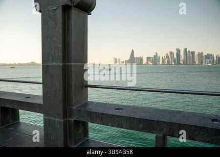 Arches overlooking the city Doha, Qatar. Breathtaking views of the Doha skyline and the Persian Gulf. Stock Photo