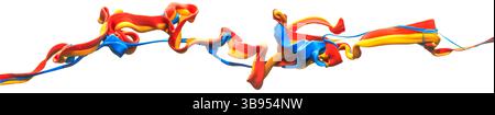 Swirling and wavy paint and ink in red, blue, and yellow colors and fluid in water twisting into dynamic abstract shapes. Stock Photo