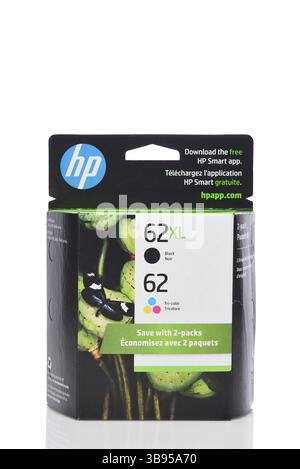 IRVINE, CALIFORNIA - 7 MAY 2025: A dual package of HP 62xl Black Ink Cartridges and 62 tri-color for Deskjet and Envy Printers. Stock Photo