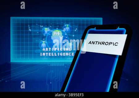 May 23, 2023, Asuncion, Paraguay: Anthropic logo is displayed on a smartphone backdropped by visual representation of artificial intelligence. Anthropic today announced that it have raised $450 million in Series C funding led by Spark Capital with participation from Google, Salesforce Ventures, Sound Ventures, Zoom Ventures, and others. The funding will support their continued work developing AI systems - including Claude, an AI assistant that can perform conversational and text processing tasks. (Credit Image: © Andre M. Chang/ZUMA Press Wire) Stock Photo