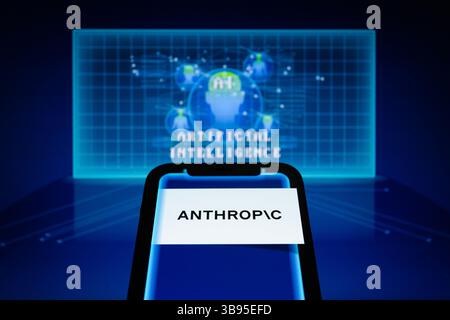 May 23, 2023, Asuncion, Paraguay: Anthropic logo is displayed on a smartphone backdropped by visual representation of artificial intelligence. Anthropic today announced that it have raised $450 million in Series C funding led by Spark Capital with participation from Google, Salesforce Ventures, Sound Ventures, Zoom Ventures, and others. The funding will support their continued work developing AI systems - including Claude, an AI assistant that can perform conversational and text processing tasks. (Credit Image: © Andre M. Chang/ZUMA Press Wire) Stock Photo