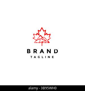Simple Line Maple Leaf And Mountain Silhouette Logo Design. Simple Mountain Mosaic With Maple Leaf Outline Logo Design. Stock Vector